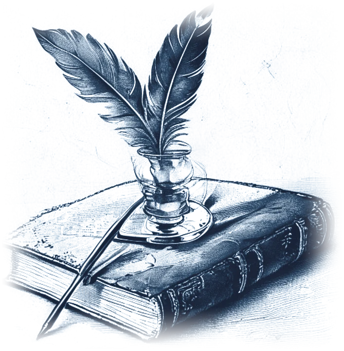 Plume et encrier sur un tome relié, gravure au trait